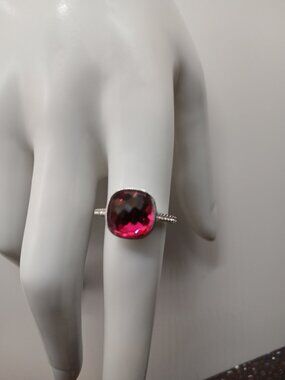 Swarovski Large Crystal Cocktail Ring Fuchsia Stone and Silver Coloured Band